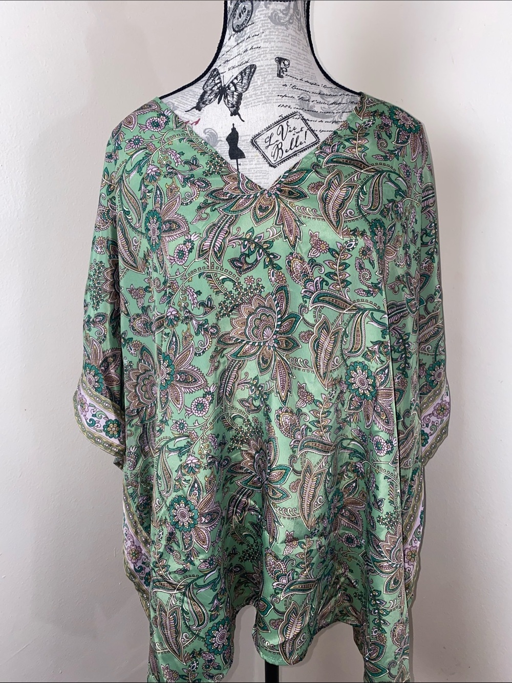 Umgee Mint Green Paisley V-Neck Sleeve Tunic Blouse Boho Flowy Top OS